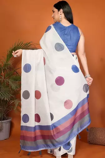 White pure linen printed saree with blouse