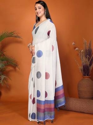 White pure linen printed saree with blouse 3