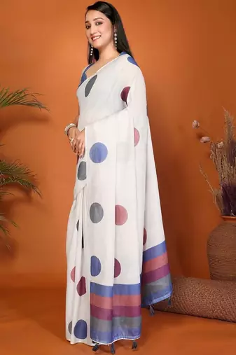 White pure linen printed saree with blouse