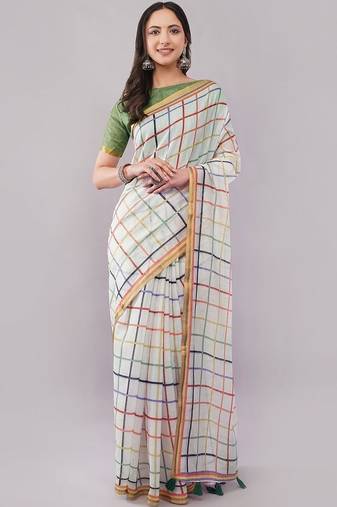 White pure linen woven design saree with blouse