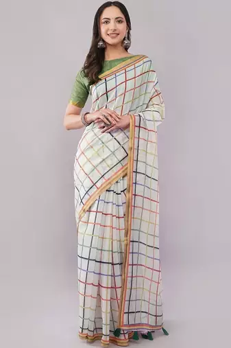 White pure linen woven design saree with blouse