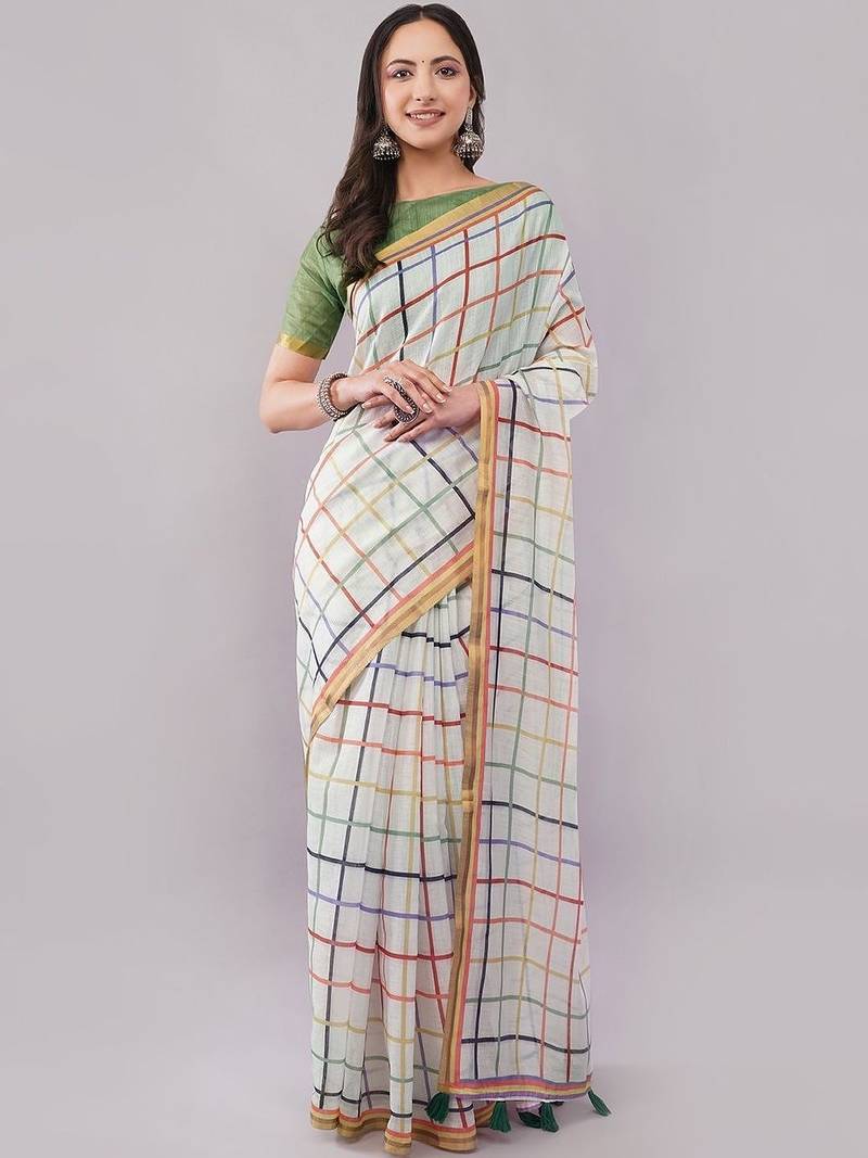 White pure linen woven design saree with blouse