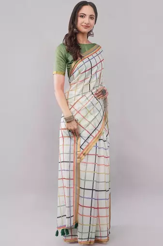 White pure linen woven design saree with blouse