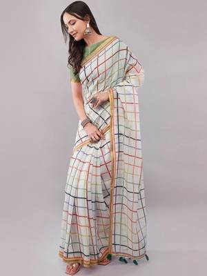 White pure linen woven design saree with blouse 3