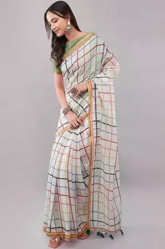 White pure linen woven design saree with blouse