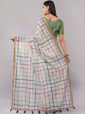 White pure linen woven design saree with blouse 5