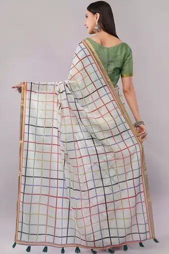 White pure linen woven design saree with blouse