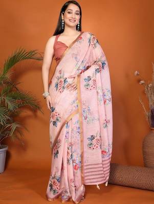 Pink pure linen printed saree with blouse 1