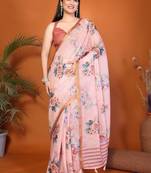 Pink pure linen printed saree with blouse