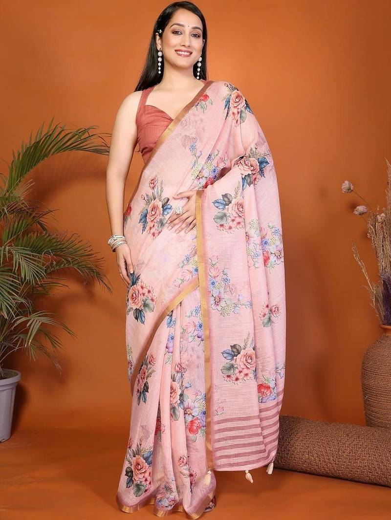 Pink pure linen printed saree with blouse