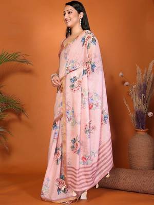 Pink pure linen printed saree with blouse 3