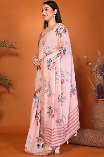 Pink pure linen printed saree with blouse