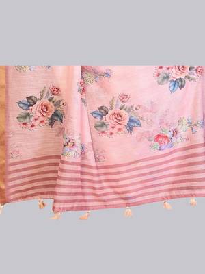 Pink pure linen printed saree with blouse 4