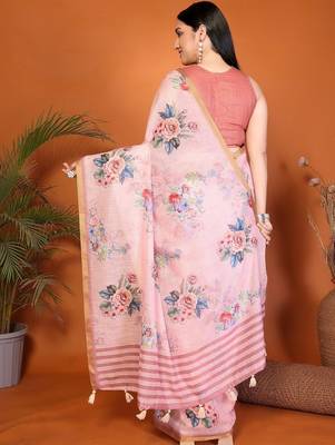 Pink pure linen printed saree with blouse 5