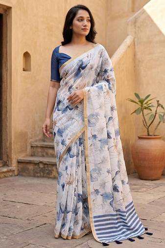 White pure linen printed saree with blouse