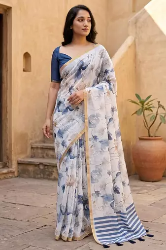 White pure linen printed saree with blouse