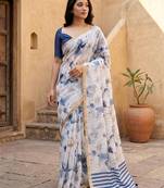 White pure linen printed saree with blouse