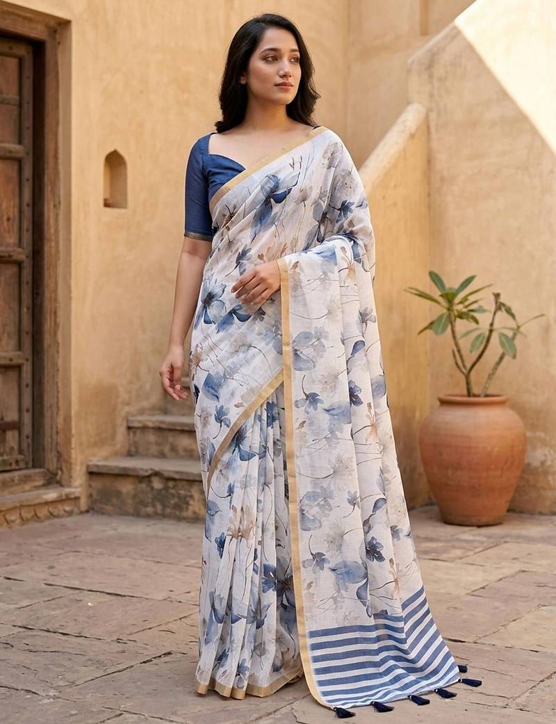 White pure linen printed saree with blouse