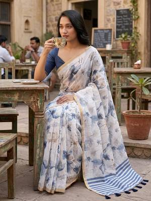 White pure linen printed saree with blouse 2