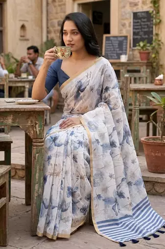 White pure linen printed saree with blouse