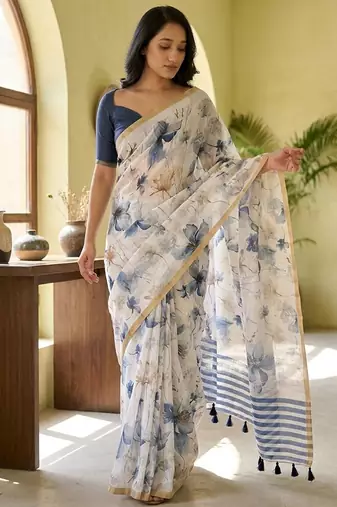 White pure linen printed saree with blouse