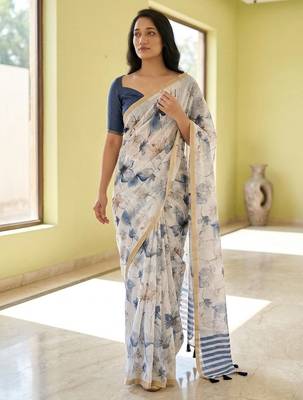 White pure linen printed saree with blouse 4