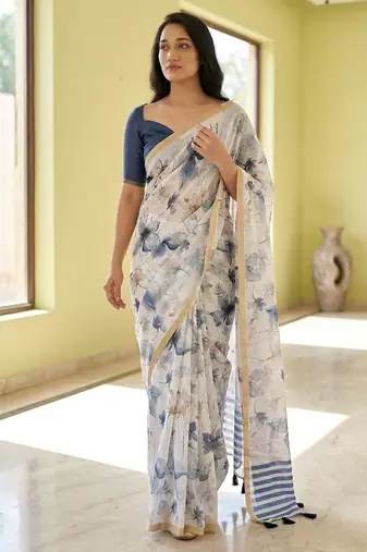 White pure linen printed saree with blouse