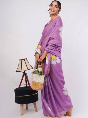 Lavender pure linen printed saree with blouse 1