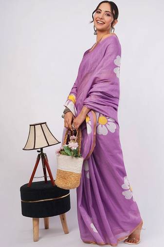 Lavender pure linen printed saree with blouse