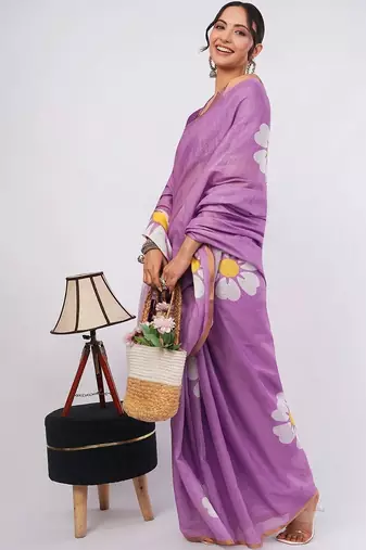 Lavender pure linen printed saree with blouse