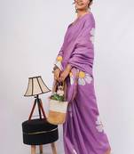 Lavender pure linen printed saree with blouse