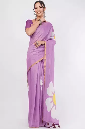 Lavender pure linen printed saree with blouse