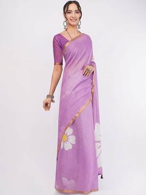 Lavender pure linen printed saree with blouse 3