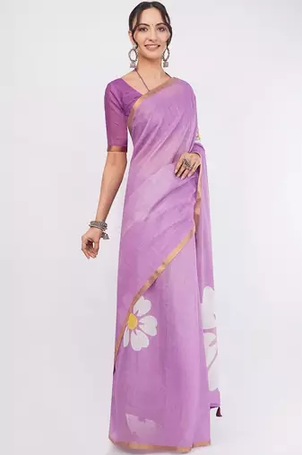Lavender pure linen printed saree with blouse