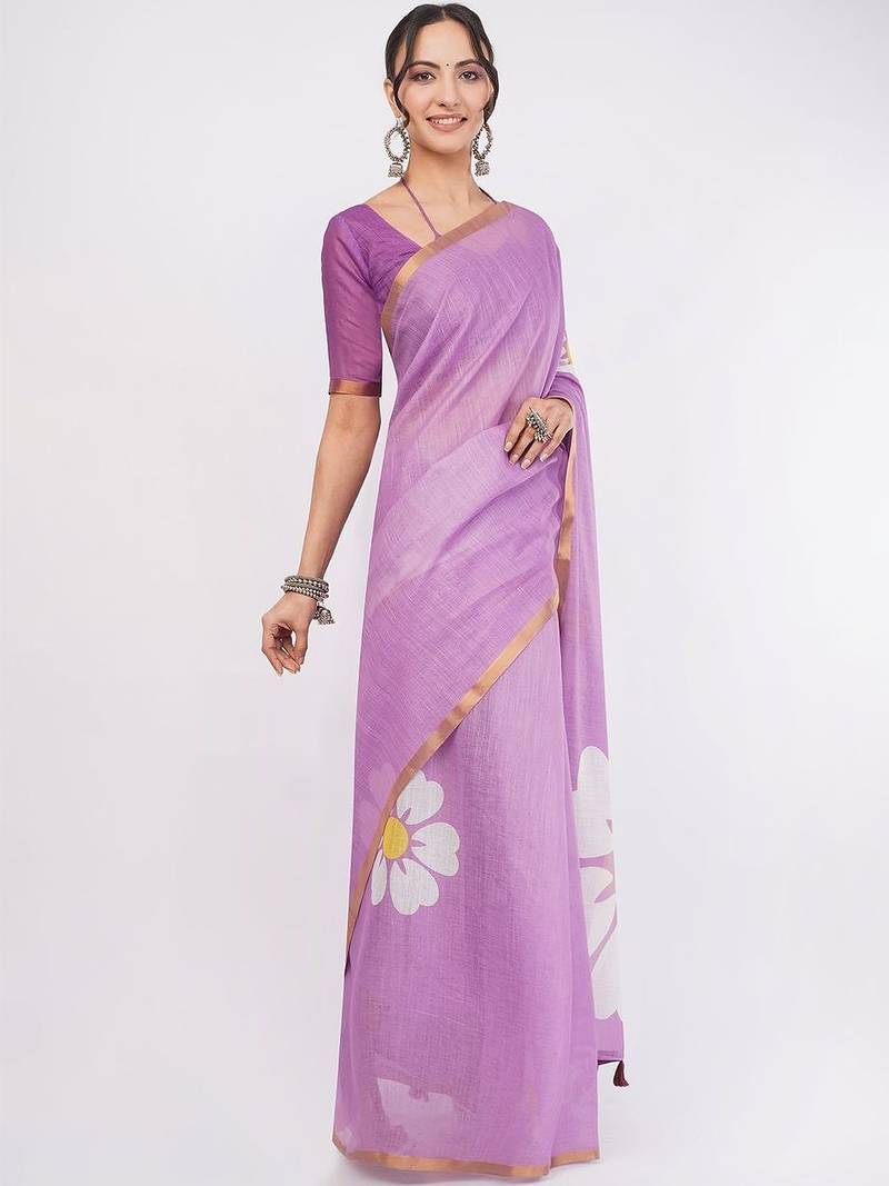Lavender pure linen printed saree with blouse