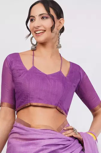 Lavender pure linen printed saree with blouse