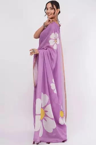 Lavender pure linen printed saree with blouse
