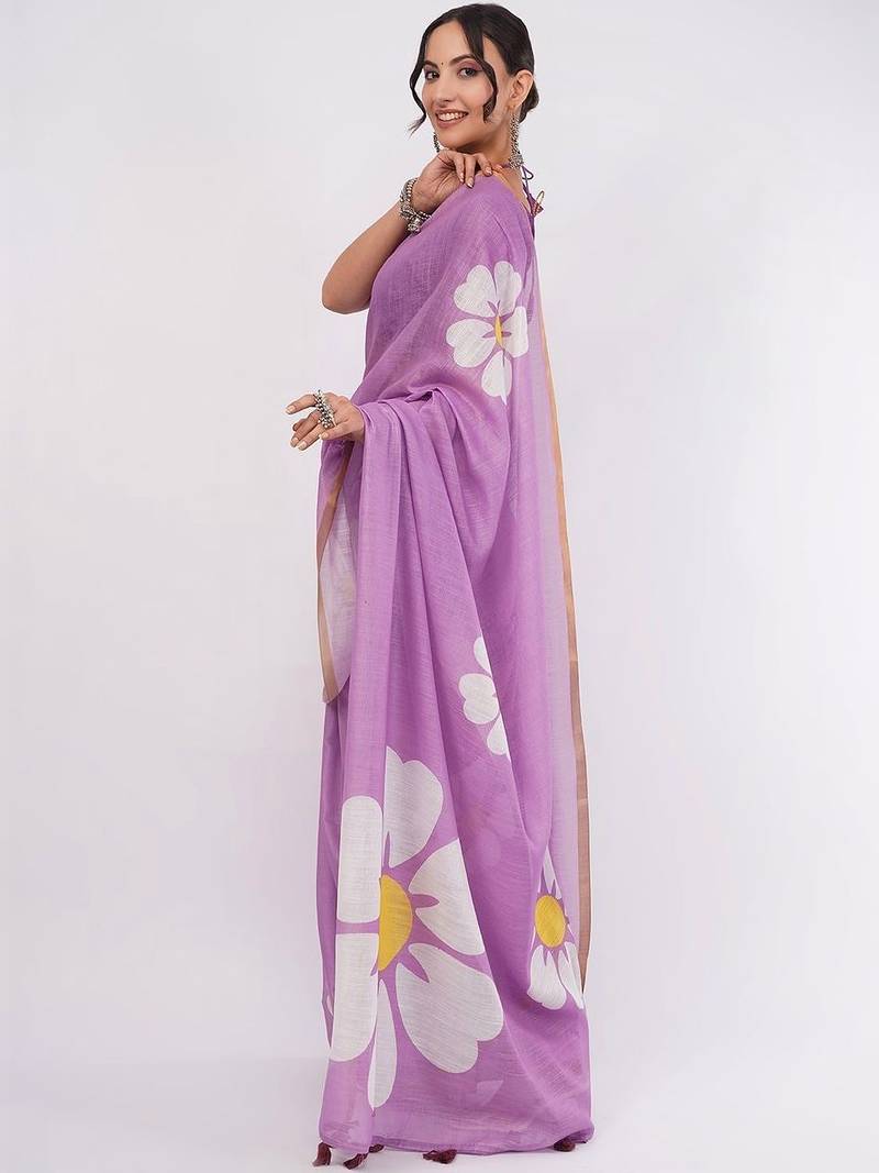 Lavender pure linen printed saree with blouse