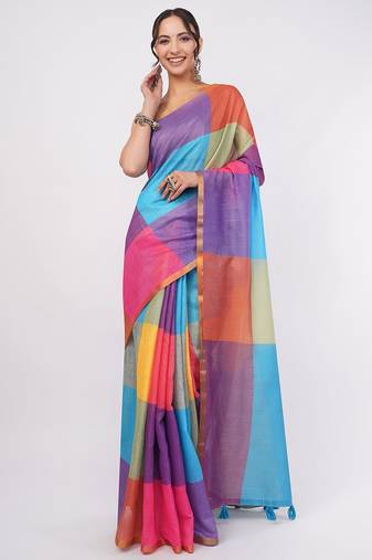 Multicolor pure linen colourblocked saree with blouse