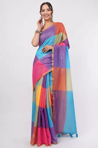 Multicolor pure linen colourblocked saree with blouse