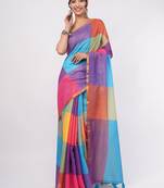 Multicolor pure linen colourblocked saree with blouse