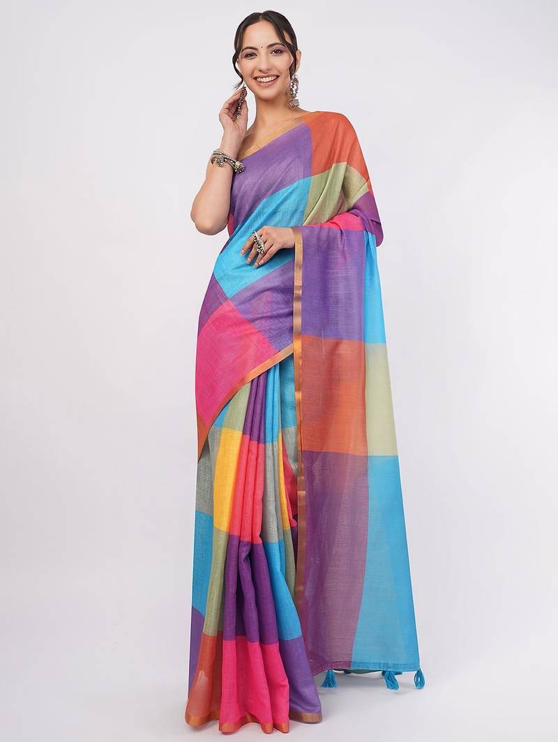 Multicolor pure linen colourblocked saree with blouse