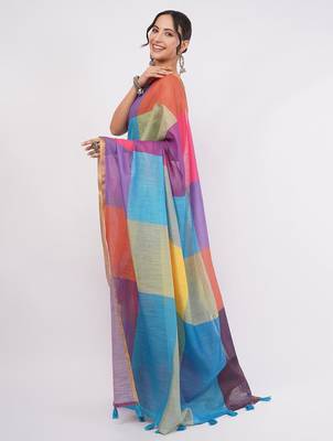 Multicolor pure linen colourblocked saree with blouse 2