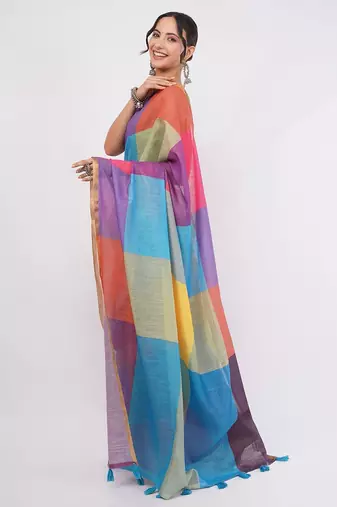 Multicolor pure linen colourblocked saree with blouse