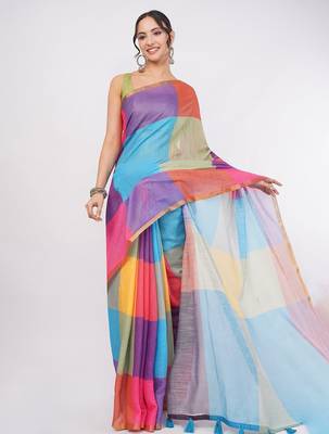 Multicolor pure linen colourblocked saree with blouse 3