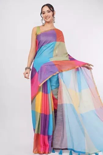 Multicolor pure linen colourblocked saree with blouse