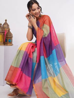 Multicolor pure linen colourblocked saree with blouse 4