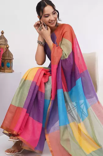 Multicolor pure linen colourblocked saree with blouse