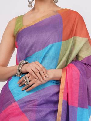 Multicolor pure linen colourblocked saree with blouse 5