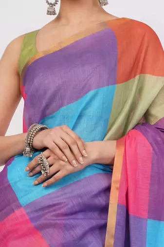 Multicolor pure linen colourblocked saree with blouse